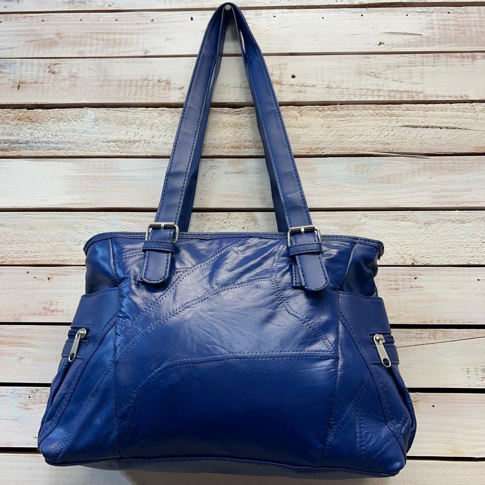 Vintage Y2K Blue Leather Blend Patchwork Shoulder Boho Hobo Tote Bag